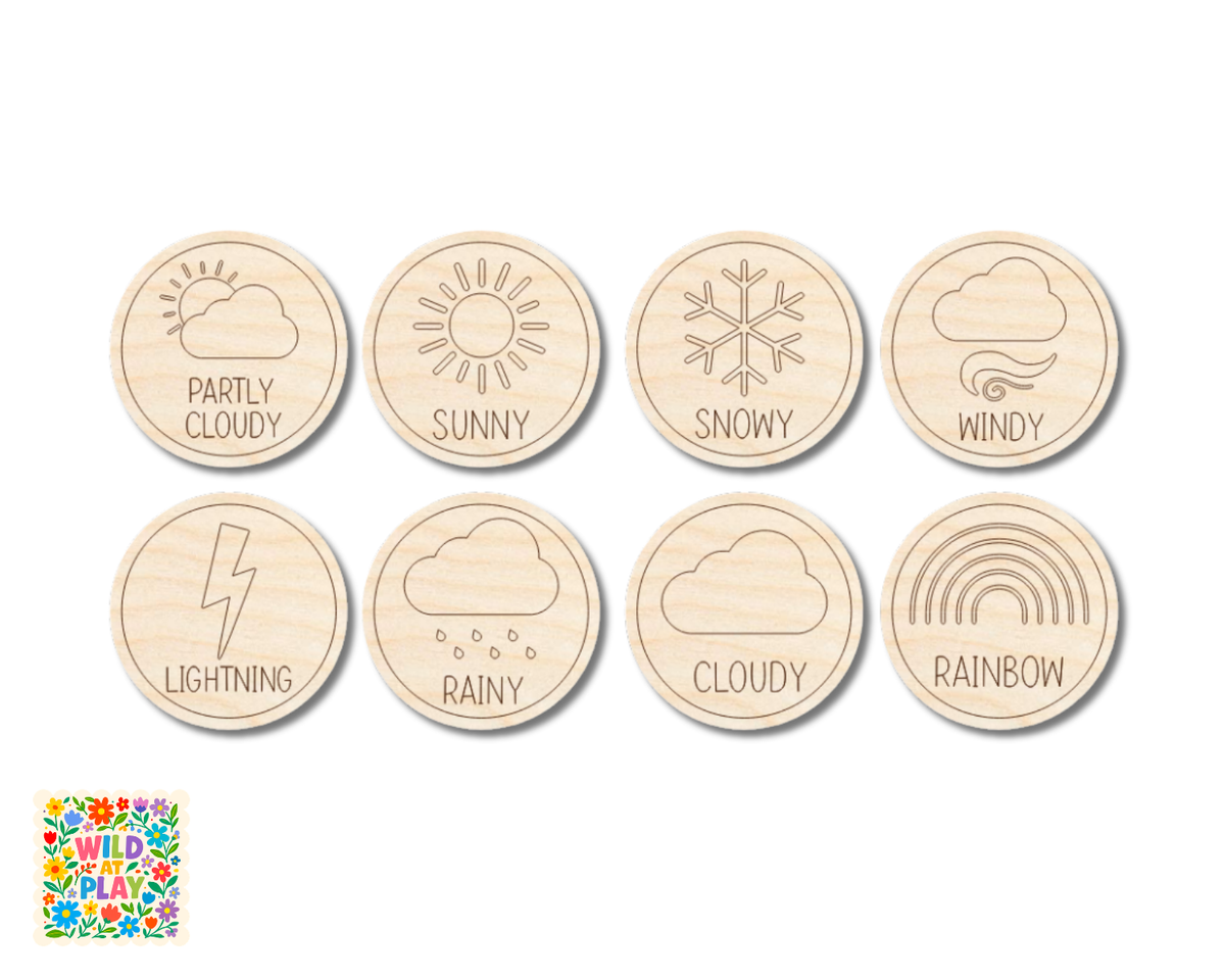 Unfinished Wood Weather Token Pack | Wild at Play | 8 pc | 3" | 1/8" Wood | DIY Craft Cutout |