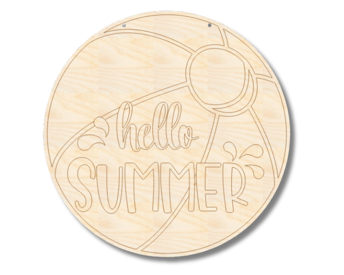 Unfinished Wood Etched Hello Summer Beach Ball Door Sign | Paint By Line Crafts | up to 30" DIY