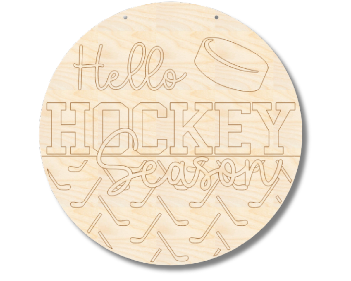 Unfinished Wood Etched Hello Hockey Season Door Sign | Paint By Line Crafts | up to 30" DIY