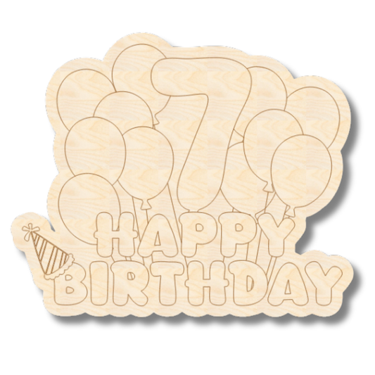 Unfinished Wood Etched 7th Birthday Balloons Shape | Paint By Line Crafts | up to 30" DIY
