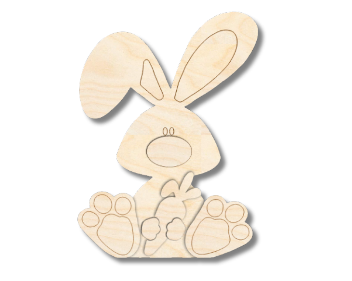 Unfinished Wood Layered and Etched Sitting Bunny Shelf Sitter | 7pc | 8" Tall | 1/2" & 1/4"  Wood | Wood Craft DIY