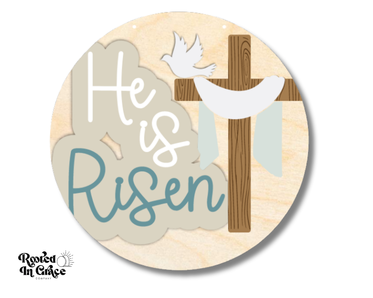 Unfinished Wood He Is Risen Cross Door Sign Kit | Rooted in Faith | 18" | Wood Craft Cutouts | 1/4" Thick |