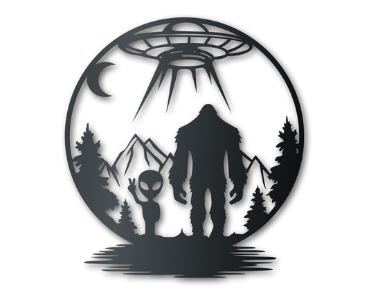 Bigfoot and Alien Metal Wall Art | Indoor Outdoor | Up to 46" | Over 20 Color Options