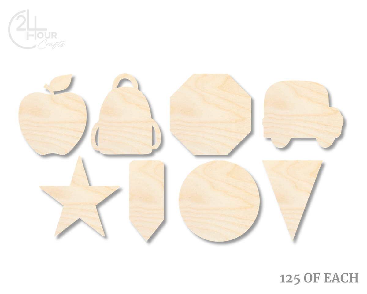 Unfinished Wood School Craft Blanks | Bulk 1000 Piece Pack | School Themed Shapes | 1/8" Thick Wood Cutouts | 4" or 5" DIY Craft Blanks | Wholesale Craft Supply