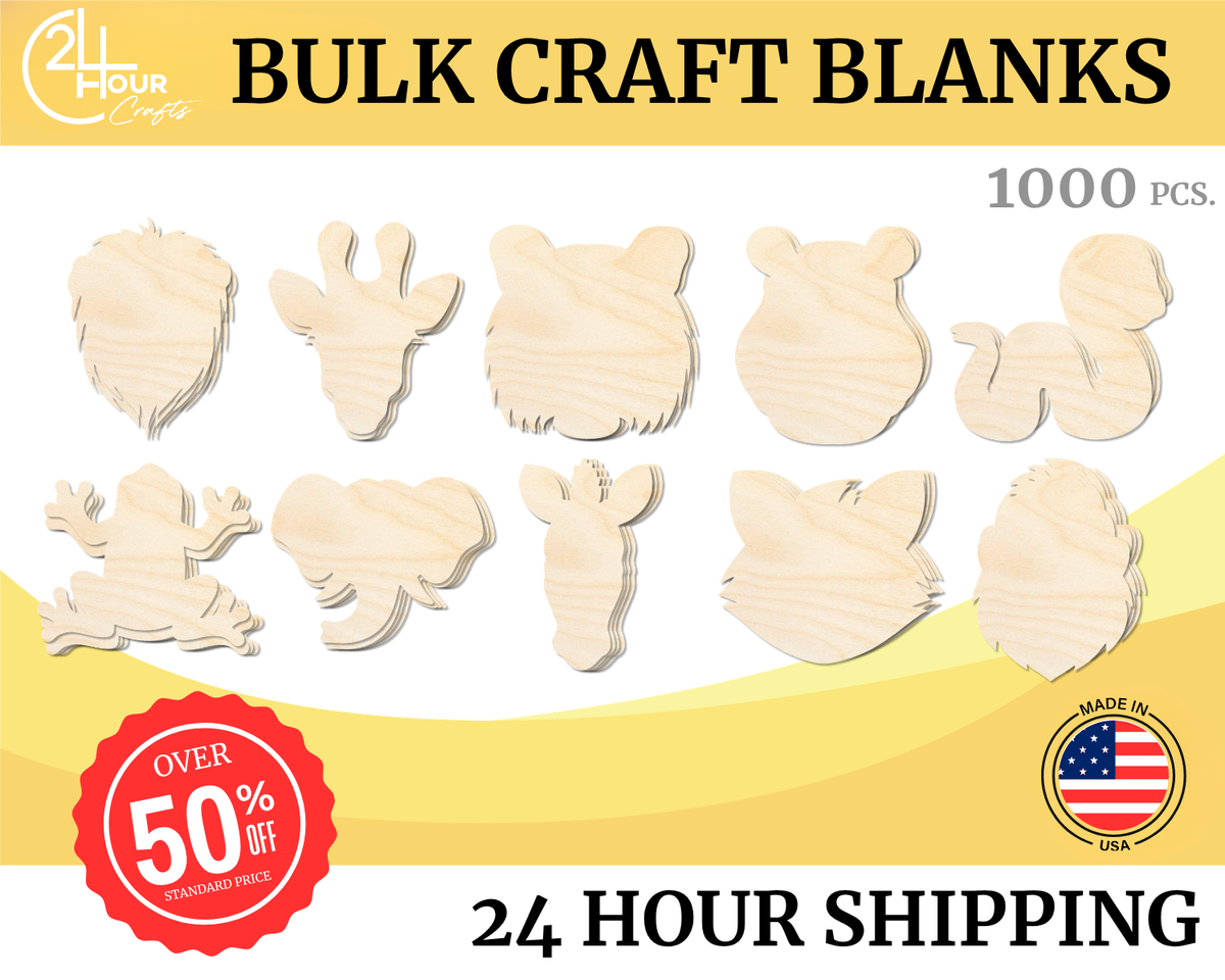 Unfinished Wood Zoo Animal Craft Blanks | Bulk 1000 Piece Pack | Zoo Animal Shapes | 1/8" Thick Wood Cutouts | 4" or 5" DIY Craft Blanks | Wholesale Craft Supply