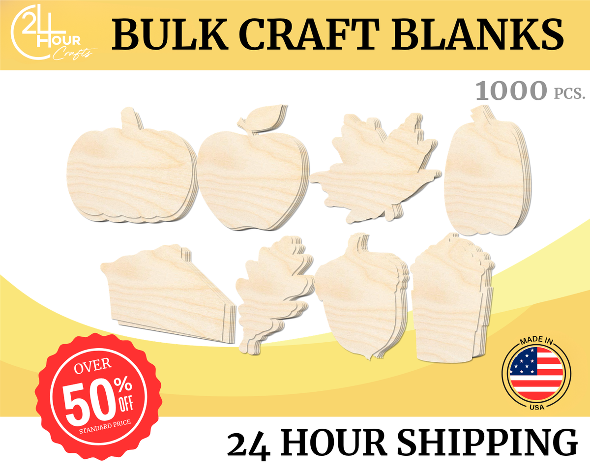 Unfinished Wood Fall Craft Blanks | Bulk 1000 Piece Pack | Fall Themed Shapes | 1/8" Thick Wood Cutouts | 4" or 5" DIY Craft Blanks | Wholesale Craft Supply