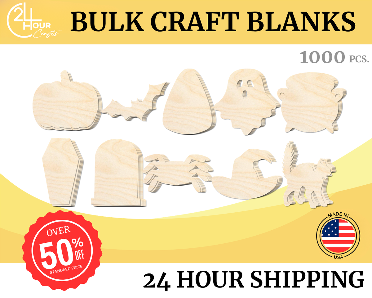 Unfinished Wood Halloween Craft Blanks | Bulk 1000 Piece Pack | Halloween Themed Shapes | 1/8" Thick Wood Cutouts | 4" or 5" DIY Craft Blanks | Wholesale Craft Supply