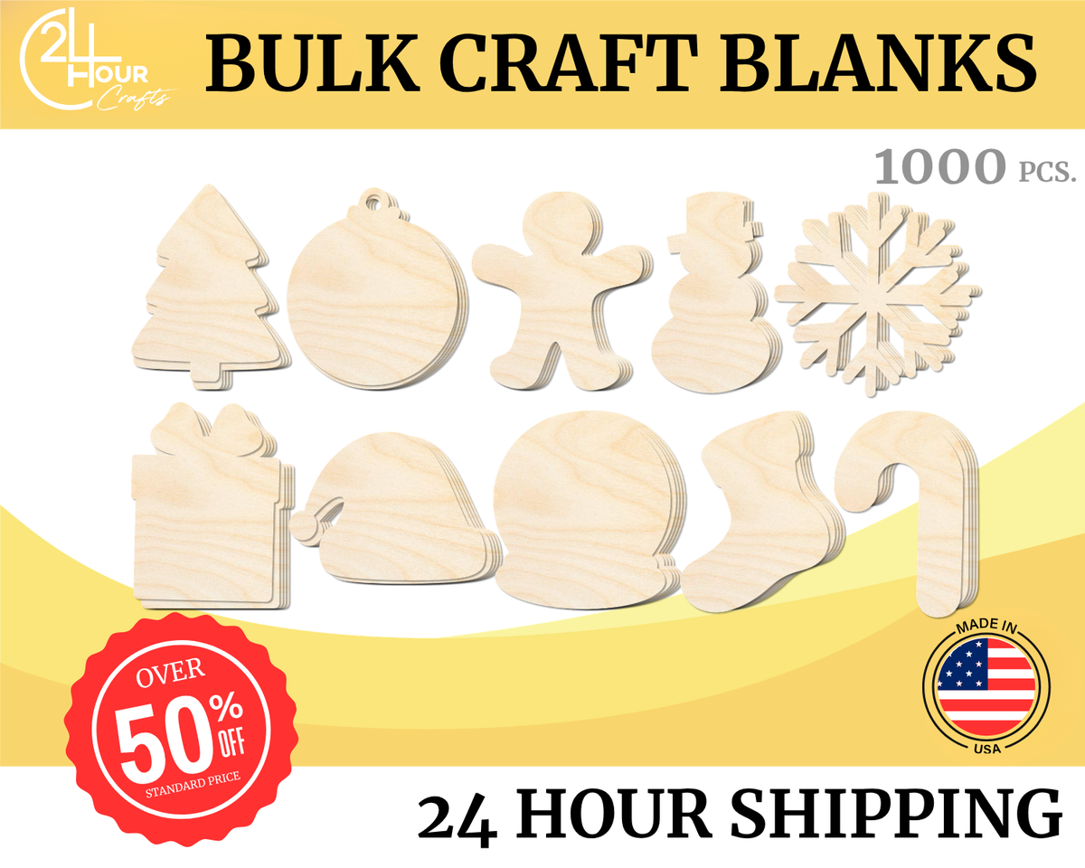 Unfinished Wood Christmas Craft Blanks | Bulk 1000 Piece Pack | Christmas Themed Shapes | 1/8" Thick Wood Cutouts | 4" or 5" DIY Craft Blanks | Wholesale Craft Supply