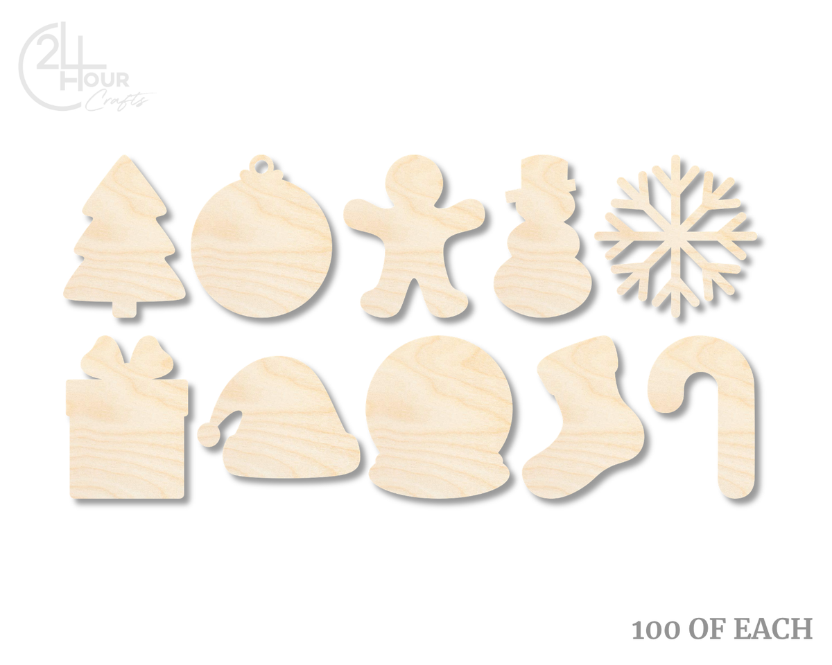 Unfinished Wood Christmas Craft Blanks | Bulk 1000 Piece Pack | Christmas Themed Shapes | 1/8" Thick Wood Cutouts | 4" or 5" DIY Craft Blanks | Wholesale Craft Supply