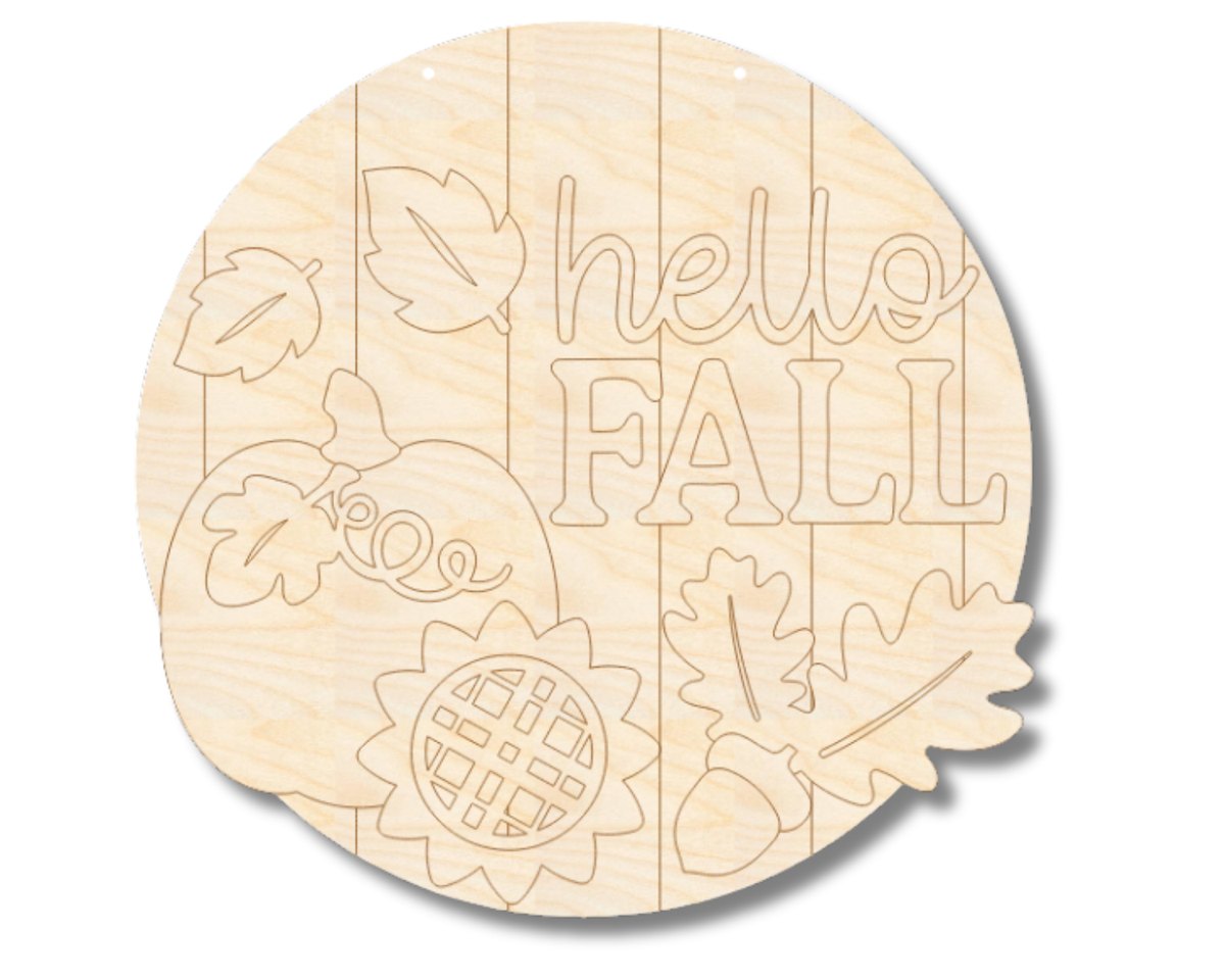 Unfinished Wood Etched Hello Fall Pumpkin and Leaves Door Sign | Paint By Line Crafts | up to 30" DIY