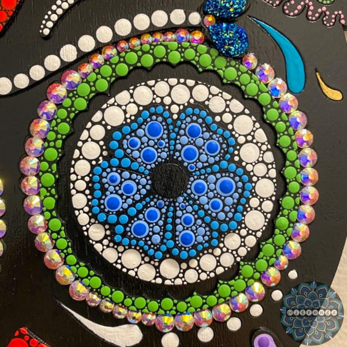 Day of the Dead Sugar Skull Wooden Dot Art Painting with Rhinestone embellishment