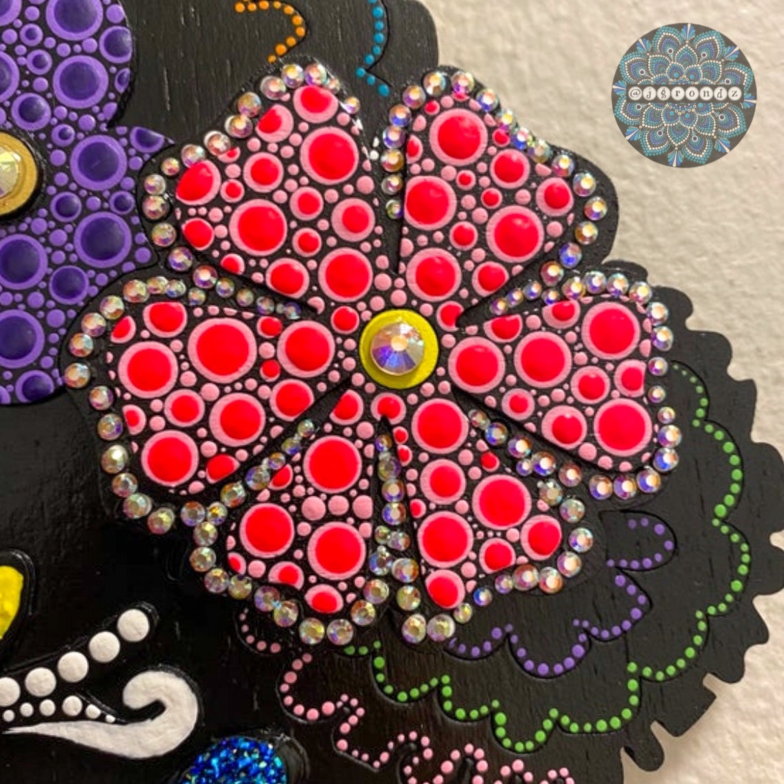 Day of the Dead Sugar Skull Wooden Dot Art Painting with Rhinestone embellishment